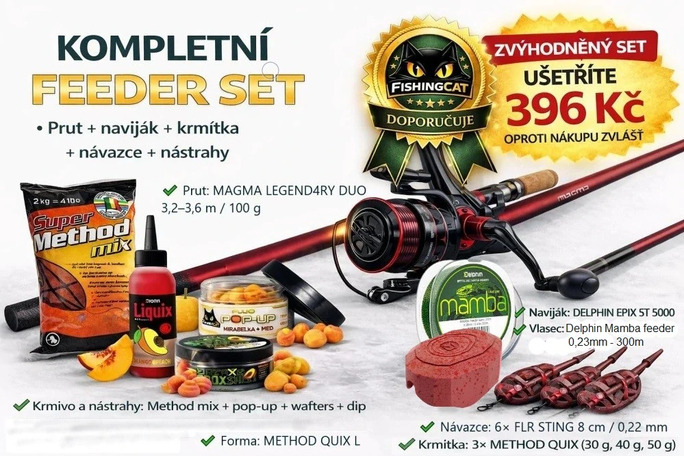 Feeder set Delphin MAGMA DUO 3,2–3,6 m 100 g + naviják EPIX 5T 5000 (kompletní výbava)